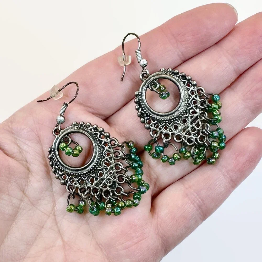 Boho Dangle Earrings: Iridescent Green Glass Beads, Silver Tone